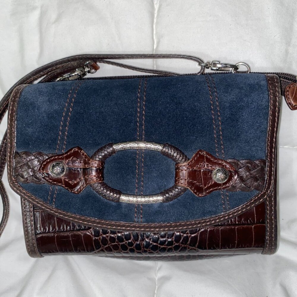 Vintage Brighton Blue Suede/Denim and Brown Leather Wallet Crossbody Purse